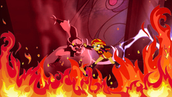 Size: 1920x1080 | Tagged: safe, artist:conthauberger, edit, edited screencap, screencap, storm king, sunset shimmer, equestria girls, g4, my little pony: the movie, duo, female, fight, final battle, fire, male, showdown