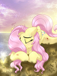 Size: 1050x1400 | Tagged: safe, artist:joakaha, fluttershy, pegasus, pony, g4, blood, eyes closed, female, grass, injured, mare, sky, solo, sweat, water