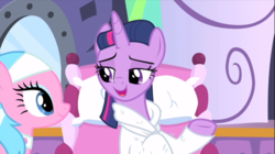 Size: 1369x767 | Tagged: safe, screencap, aloe, twilight sparkle, alicorn, pony, g4, rarity's biggest fan, alternate hairstyle, bathrobe, clothes, duo, female, lidded eyes, mare, open mouth, ponyville spa, robe, sitting, twilight sparkle (alicorn)