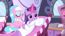 Size: 1368x768 | Tagged: safe, screencap, aloe, twilight sparkle, alicorn, pony, g4, rarity's biggest fan, alternate hairstyle, bathrobe, clothes, duo, female, glowing horn, hair styling, horn, lidded eyes, mane styling, mare, ponyville spa, raised eyebrow, robe, smiling, twilight sparkle (alicorn)