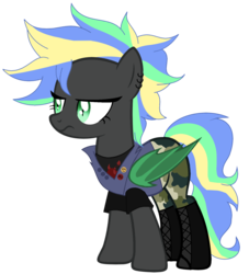 Size: 1494x1644 | Tagged: safe, artist:pegasski, artist:space--paws0w0, oc, oc only, oc:primal screech, bat pony, pony, g4, badge, base used, bat pony oc, boots, camouflage, clothes, denim, ear piercing, earring, female, jewelry, mare, multicolored hair, pants, piercing, pin, shirt, shoes, simple background, solo, t-shirt, transparent background