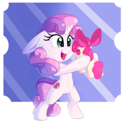 Size: 2000x2000 | Tagged: safe, artist:discorded, apple bloom, sweetie belle, pony, unicorn, g4, belly button, bipedal, cute, cutie mark, diasweetes, doll, female, filly, floppy ears, high res, open mouth, plushie, solo, the cmc's cutie marks, toy
