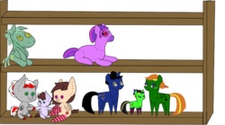 Size: 540x301 | Tagged: safe, artist:equisp-y-mas, oc, oc only, oc:candelabra, oc:dusty notes, oc:jazz notes, oc:knight fire, oc:lillyale–lavande, oc:night rose, oc:silky skies, oc:true blue, pony, bookshelf, clothes, plushie, simple background, socks, striped socks, transparent background