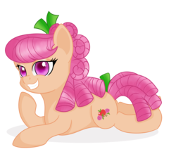 Size: 3000x2625 | Tagged: safe, artist:rainbowtashie, apple rose, earth pony, pony, g4, female, grin, high res, lying down, mare, simple background, smiling, solo, transparent background, young apple rose