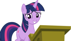 Size: 6600x3800 | Tagged: safe, artist:tomfraggle, edit, twilight sparkle, pony, unicorn, g4, the cutie re-mark, cute, female, looking at you, podium, simple background, smiling, solo, transparent background, twiabetes, unicorn twilight, vector, wingless, wingless edit
