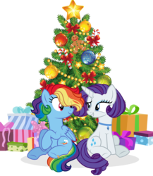 Size: 600x690 | Tagged: safe, artist:dianamur, rainbow dash, rarity, pony, g4, alternate hairstyle, christmas, christmas tree, female, holiday, lesbian, present, ship:raridash, shipping, simple background, transparent background, tree