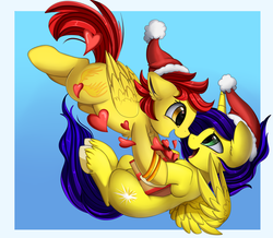 Size: 2846x2483 | Tagged: safe, artist:pridark, oc, oc only, oc:sonny starbrite, alicorn, pony, unicorn, christmas, clothes, female, hat, heart, heart eyes, high res, holiday, looking at each other, male, mare, open mouth, santa hat, stallion, wingding eyes