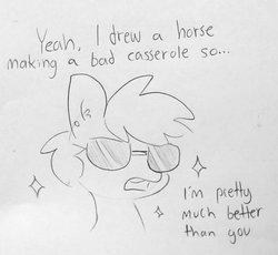Size: 1329x1221 | Tagged: safe, artist:tjpones, oc, oc only, earth pony, pony, bust, dialogue, ear fluff, ear piercing, grayscale, horse famous, lineart, male, monochrome, open mouth, piercing, simple background, solo, sparkles, stallion, sunglasses, traditional art