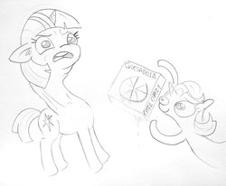 Size: 1744x1440 | Tagged: safe, artist:tjpones, starlight glimmer, twilight sparkle, pony, unicorn, g4, adorkable, cute, disgusted, do not want, dork, duo, female, food, grayscale, lineart, long neck, mare, monochrome, moral event horizon, open mouth, pure unfiltered evil, quesadilla, simple background, sweet dreams fuel, they're just so cheesy, traditional art, turophobia, twiabetes, varying degrees of want