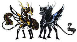Size: 1280x701 | Tagged: safe, artist:australian-senior, oc, oc only, oc:arlon invictus, oc:niomedes invictus, alicorn, kirin, pony, winged kirin, kirindos, alternate universe, antlers, butterfly wings, colored hooves, colored sclera, colored wings, duo, golden eyes, kirin oc, leonine tail, multicolored wings, redesign, simple background