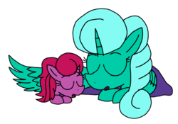 Size: 1446x1015 | Tagged: safe, artist:徐詩珮, glitter drops, oc, oc:betty pop, alicorn, pony, unicorn, g4, alicornified, female, magical lesbian spawn, mother and daughter, next generation, offspring, parent:glitter drops, parent:tempest shadow, parents:glittershadow, race swap, simple background, sleeping, transparent background