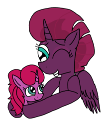 Size: 929x1080 | Tagged: safe, artist:徐詩珮, tempest shadow, oc, oc:betty pop, alicorn, pony, unicorn, g4, alicornified, female, hug, magical lesbian spawn, mother and daughter, next generation, offspring, one eye closed, parent:glitter drops, parent:tempest shadow, parents:glittershadow, race swap, simple background, transparent background