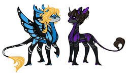 Size: 2000x1168 | Tagged: safe, artist:australian-senior, oc, oc only, oc:juliet invictus, oc:wheatley invictus, alicorn, kirin, pegasus, pony, unicorn, winged kirin, kirindos, alternate universe, antlers, blue eyes, butterfly wings, colored hooves, colored sclera, colored wings, duo, kirin oc, leonine tail, multicolored wings, purple eyes, redesign, simple background, transparent background