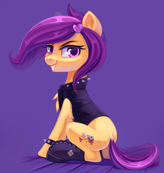 Size: 4176x4401 | Tagged: safe, artist:taneysha, oc, oc only, oc:amethyst arkin, pony, absurd resolution, clothes, dock, female, gift art, grin, laces, leather, mare, on haunches, simple background, sitting, smiling, solo, spikes, vest