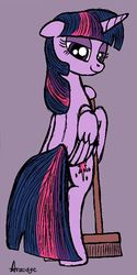 Size: 350x700 | Tagged: safe, artist:aracage, derpibooru exclusive, twilight sparkle, alicorn, pony, g4, bipedal, broom, colored sketch, female, floppy ears, lidded eyes, mare, simple background, solo, sweeping, sweepsweepsweep, twilight sparkle (alicorn), twilight sweeple