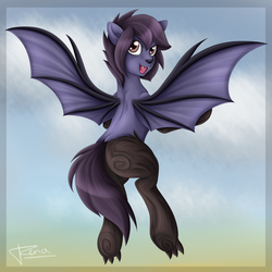 Size: 2000x2000 | Tagged: safe, artist:puggie, oc, oc only, oc:nyn indigo, bat pony, original species, pony, timber pony, timber wolf, flying, high res, patreon, patreon reward, solo, species swap, wings