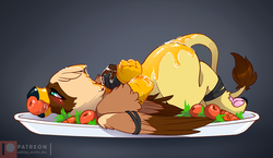 Size: 1200x694 | Tagged: safe, artist:arctic-fox, oc, oc:serilde, griffon, apple, apple gag, arm behind back, blushing, bondage, bound wings, food, foodplay, gag, gradient background, gravy, griffon oc, implied cannibalism, implied vore, patreon, patreon logo, paw pads, paws, person as food, underpaw