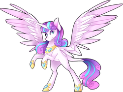 Size: 1280x955 | Tagged: safe, artist:tacoanxietyflavor, princess flurry heart, alicorn, pony, g4, blank flank, eyebrows, female, jewelry, large wings, leonine tail, looking at you, necklace, older, older flurry heart, rearing, regalia, smiling, solo, wings