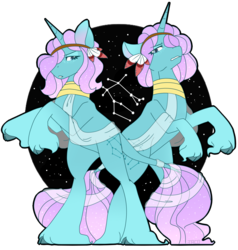 Size: 1280x1343 | Tagged: safe, artist:tacoanxietyflavor, oc, oc:gemini, classical unicorn, pony, unicorn, cloven hooves, constellation, feather, freckles, gemini, headband, horn, jewelry, leonine tail, necklace, rearing, sash, stars, twins, unshorn fetlocks, zodiac