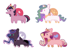 Size: 1200x900 | Tagged: safe, artist:ask-azalea-grey, princess cadance, princess celestia, princess luna, twilight sparkle, alicorn, pony, g4, alicorn tetrarchy, beady eyes, chibi, crown, hoof shoes, jewelry, long, missing cutie mark, regalia, simple background, transparent background, twilight sparkle (alicorn)