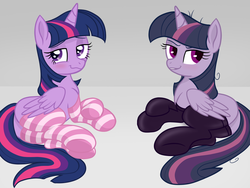 Size: 1280x960 | Tagged: safe, artist:deserter, artist:oofycolorful, color edit, edit, mean twilight sparkle, twilight sparkle, alicorn, pony, the mean 6, :3, bedroom eyes, blushing, butt, clone, clothes, colored, comparison, female, gray background, grin, latex, latex socks, looking at you, looking back, mare, on side, plot, self ponidox, simple background, smiling, smirk, socks, striped socks, text, thigh highs, twilight sparkle (alicorn), underhoof