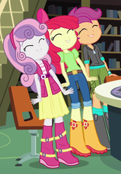 Size: 545x785 | Tagged: safe, screencap, apple bloom, scootaloo, sweetie belle, equestria girls, g4, my little pony equestria girls, adorabloom, book, bookshelf, boots, chair, clothes, cropped, cute, cutealoo, cutie mark crusaders, diasweetes, eyes closed, female, jeans, library, monitor, pants, shoes, skirt, stairs, trio, trio female