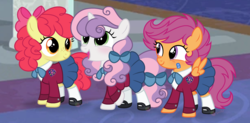 Size: 3025x1489 | Tagged: safe, artist:strawberry-spritz, apple bloom, scootaloo, sweetie belle, earth pony, pegasus, pony, unicorn, g4, adorabloom, alternate hairstyle, bandage, bandaid, clothes, curly hair, cute, cutealoo, cutie mark crusaders, diasweetes, freckles, friendship student, mary janes, open mouth, pigtails, pleated skirt, school of friendship, school outfit, school uniform, schoolgirl, shoes, skirt, socks, uniform