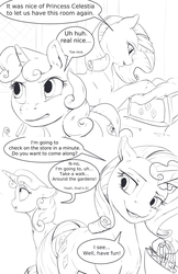 Size: 1280x1978 | Tagged: safe, artist:silfoe, rarity, sweetie belle, pony, unicorn, royal sketchbook, g4, black and white, comic, dialogue, duo, female, filly, glowing horn, grayscale, horn, looking back, magic, mare, monochrome, scrunchy face, simple background, sisters, speech bubble, suitcase, suspicious, telekinesis, white background