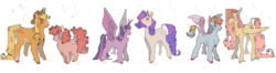 Size: 1280x336 | Tagged: safe, artist:arthurorion, applejack, fluttershy, pinkie pie, rainbow dash, rarity, twilight sparkle, alicorn, earth pony, pegasus, pony, unicorn, g4, beanbrows, chest fluff, cloven hooves, coat markings, colored ears, colored hooves, dappled, dock, eyebrows, height difference, leonine tail, mane six, no pupils, simple background, sparkles, tallershy, twilight sparkle (alicorn), two toned wings, unshorn fetlocks, white background