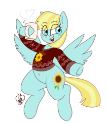 Size: 2600x3000 | Tagged: safe, artist:notenoughapples, helia, pony, g4, belly button, chocolate, clothes, eye clipping through hair, female, flying, food, heliadorable, high res, hoof hold, hot chocolate, open mouth, simple background, smiling, solo, spread wings, ugly sweater, wings