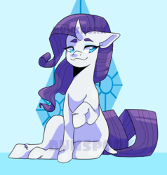 Size: 1280x1346 | Tagged: safe, artist:dunspork, rarity, pony, unicorn, g4, curved horn, cutie mark background, dock, female, floppy ears, horn, mare, raised hoof, sitting, solo, watermark, wavy mouth