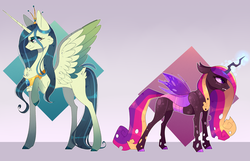 Size: 3000x1937 | Tagged: safe, artist:soundwavepie, princess cadance, queen chrysalis, alicorn, changeling, pony, g4, alternate universe, changelingified, chest fluff, female, mare, ponified, role reversal, simple background, species swap