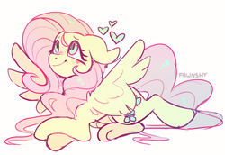 Size: 1280x881 | Tagged: safe, artist:fawnshy, fluttershy, pony, g4, female, heart, lying down, solo