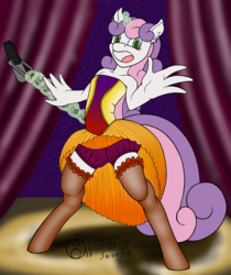 Size: 1260x1500 | Tagged: safe, artist:sepiakeys, sweetie belle, unicorn, anthro, unguligrade anthro, g4, bloomers, burlesque, burlesque skirt, clothes, corset, curtains, female, garter belt, garters, magic, mare, microphone, microphone stand, shoes, singing, skirt, socks, solo, spotlight, stage, stockings, telekinesis, thigh highs, wings