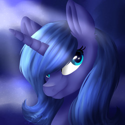 Size: 1280x1280 | Tagged: safe, artist:dark--drawz, princess luna, pony, g4, bust, cute, ear fluff, female, lunabetes, portrait, s1 luna, solo, starry background