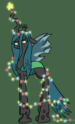Size: 1008x1660 | Tagged: safe, artist:typhwosion, queen chrysalis, changeling, changeling queen, g4, :c, christmas, christmas lights, crown, female, floppy ears, frown, green background, holiday, jewelry, queen chrysalis is not amused, regalia, simple background, solo, stars, unamused