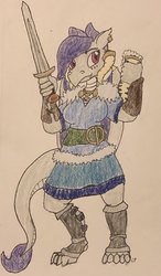Size: 750x1280 | Tagged: safe, artist:mystic bolt, oc, oc only, oc:ragna rok, dragon, anthro, alcohol, armor, clothes, dragoness, drinking horn, female, mead, simple background, solo, sword, traditional art, viking, weapon