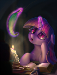 Size: 1882x2475 | Tagged: safe, artist:stratodraw, twilight sparkle, pony, unicorn, g4, candle, darkness, diary, female, fire, floppy ears, journal, levitation, magic, mare, open mouth, quill, solo, telekinesis, thinking, unicorn twilight
