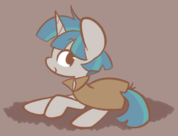 Size: 940x722 | Tagged: safe, artist:typhwosion, stygian, pony, unicorn, g4, brown background, cute, eyebrows, eyebrows visible through hair, male, no pupils, profile, prone, simple background, solo, stallion, stygianbetes