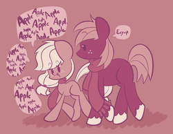 Size: 1280x992 | Tagged: safe, artist:typhwosion, applejack, big macintosh, earth pony, pony, g4, apple, beady eyes, clothes, cute, duo, eyebrows, eyebrows visible through hair, jackabetes, macabetes, open mouth, scarf, siblings, speech bubble, that pony sure does love apples