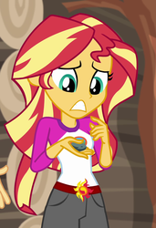 Size: 739x1079 | Tagged: safe, screencap, flash sentry, sunset shimmer, equestria girls, g4, my little pony equestria girls: legend of everfree, camp everfree outfits, clothes, cropped, female, offscreen character, rock, shorts