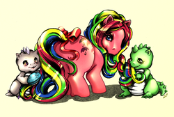 Size: 728x488 | Tagged: safe, artist:velvetdelusion, parasol (g1), dragon, g1, baby, baby dragon, bow, grooming, looking back, pampering, rainbow ponies, tail bow
