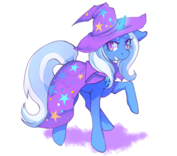 Size: 1280x1131 | Tagged: safe, artist:tazmiliandevil, trixie, pony, unicorn, g4, beanbrows, cape, clothes, colored pupils, eyebrows, female, glowing horn, grin, hat, horn, mare, raised hoof, simple background, smiling, solo, trixie's cape, trixie's hat, white background