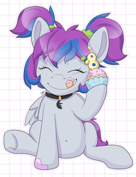 Size: 4342x5656 | Tagged: safe, artist:partypievt, oc, oc only, oc:aerial soundwaves, pony, absurd resolution, belly button, birthday, candle, choker, cupcake, food, happy birthday, ponytail, ponyvillefm, scrunchie, solo, tongue out
