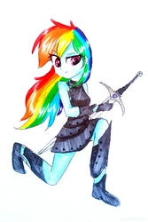 Size: 1959x2938 | Tagged: safe, artist:liaaqila, rainbow dash, equestria girls, g4, clothes, fantasy class, female, rogue, simple background, sleeveless, solo, sword, traditional art, weapon, white background