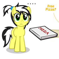 Size: 2500x2500 | Tagged: safe, artist:pizzamovies, oc, oc only, oc:pizzamovies, oc:uppercute, earth pony, pony, female, freckles, frown, green eyes, hairband, high res, mare, offscreen character, pizza box, raised hoof, simple background
