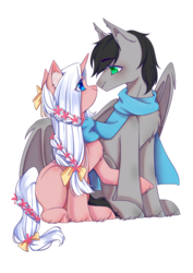 Size: 2480x3508 | Tagged: safe, artist:夏米, oc, oc:terry longmore, oc:夏米, bat pony, pony, unicorn, bat pony oc, couple, high res, size difference