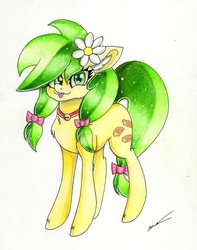 Size: 2371x3009 | Tagged: safe, artist:luxiwind, apple fritter, earth pony, pony, g4, apple family member, bow, female, flower, flower in hair, hair bow, high res, solo, tail bow, tongue out, traditional art
