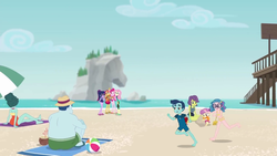 Size: 1920x1080 | Tagged: safe, screencap, henry handle, leafy mint, manestrum, pinkie pie, sci-twi, sunset shimmer, technicolor waves, twilight sparkle, victoria, water lily (g4), equestria girls, g4, my little pony equestria girls: better together, unsolved selfie mysteries, ankles, background human, barefoot, beach, bikini, clothes, feet, female, legs, male, male feet, midriff, rock horse, smiling, swimsuit, tankini, unnamed character, unnamed human