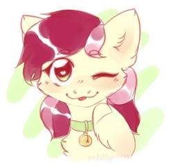 Size: 705x674 | Tagged: safe, artist:redslipp, roseluck, earth pony, pony, g4, bell, bell collar, bust, chest fluff, collar, cute, digital art, ear fluff, female, fluffy, mare, one eye closed, pony pet, portrait, rosepet, solo, tongue out